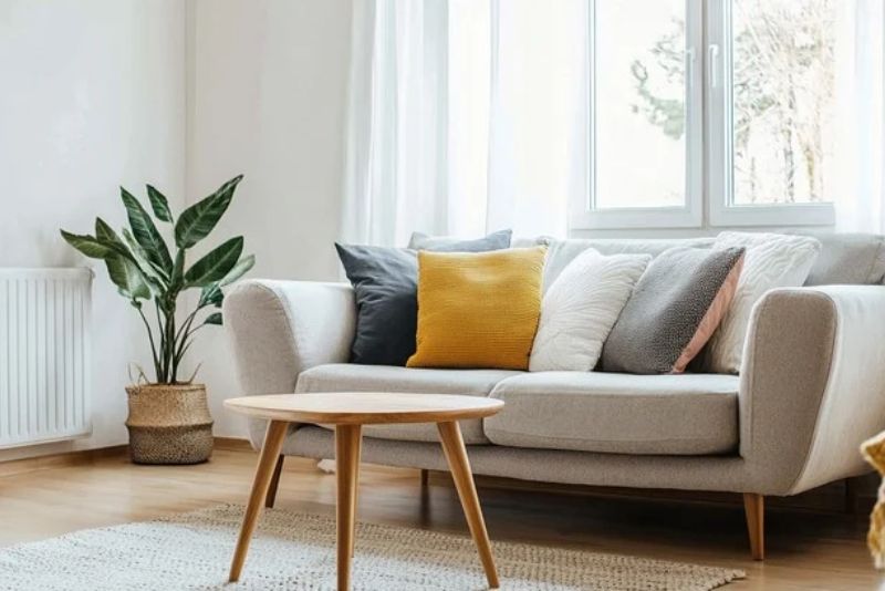 A cozy living room featuring a light gray sofa.