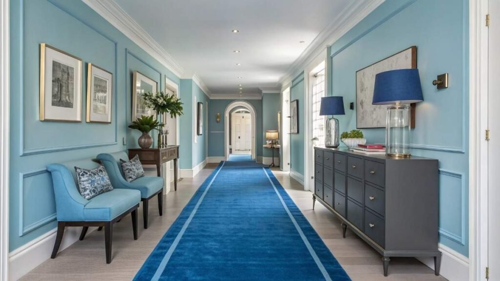 hallway with blue runners with furniture, artwork, and decorative plants.
