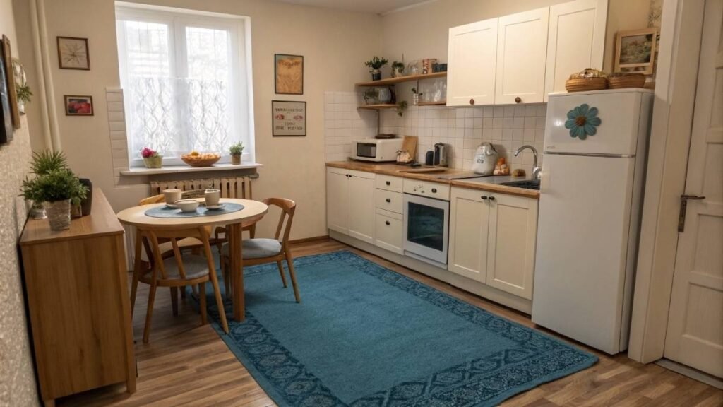A Small Kitchen With Blue Rug