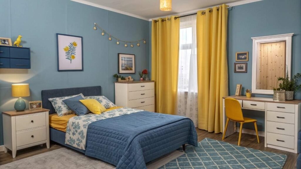 A blue and Yellow Bedroom with Mix and mix-and-match furniture
