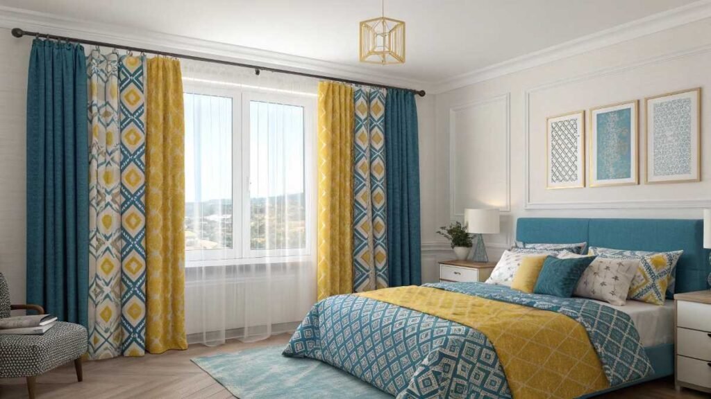 A Bedroom with Hang Patterned Curtains
