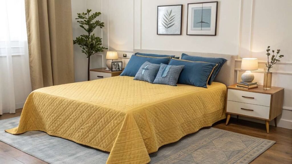 A bedroom with Yellow Bedspread with Blue Pillows