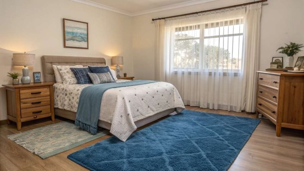 A  Beautiful bedroom  Navy Blue Rug with Accent Colors