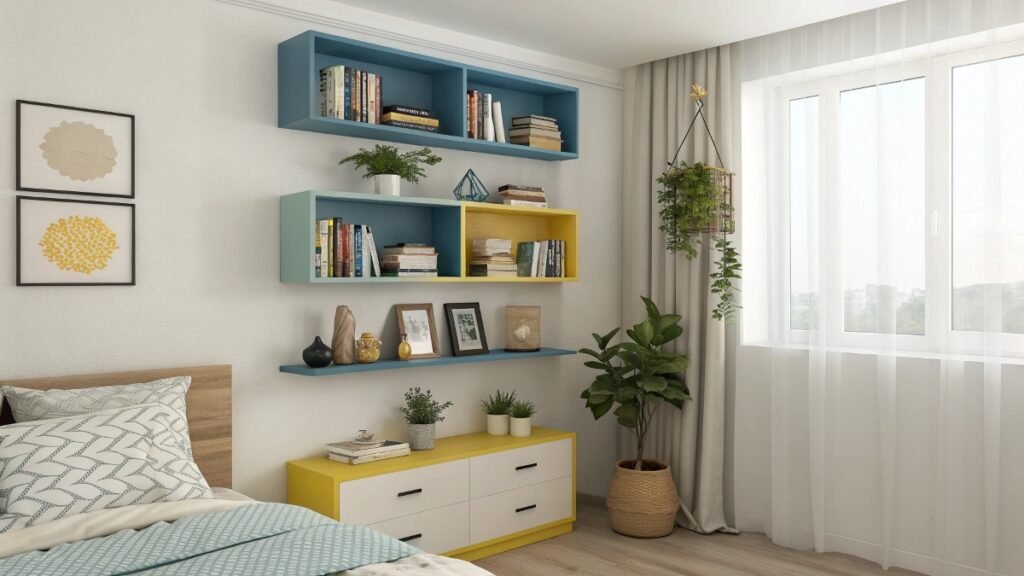A Bedroom with a Display Book or Floating Shelves