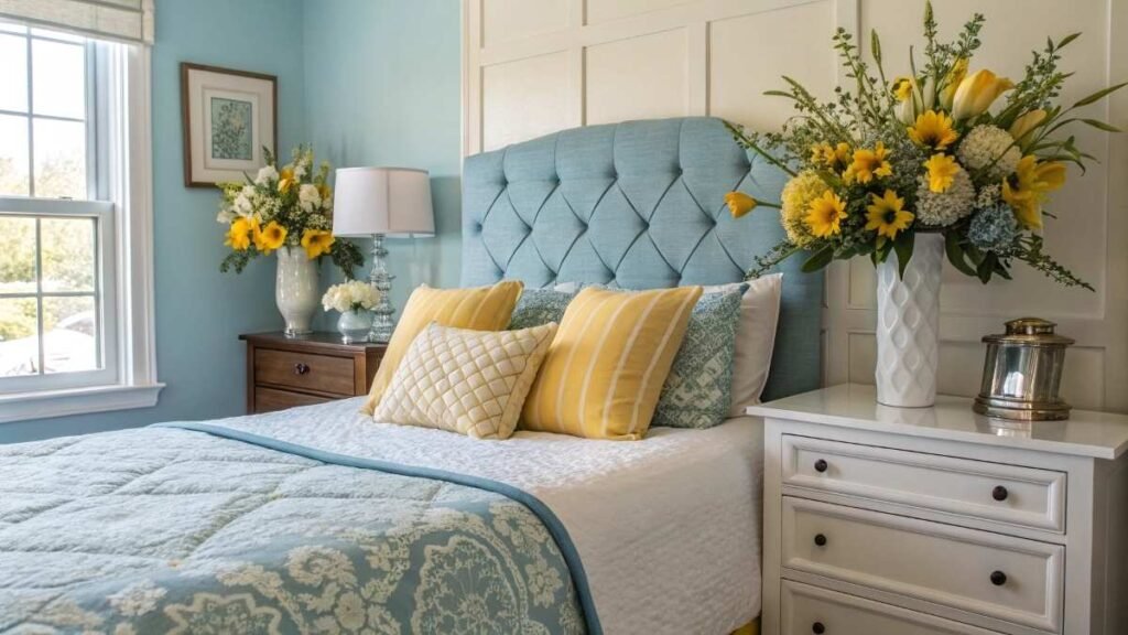 A Stylish Bedroom with Fresh Flowers