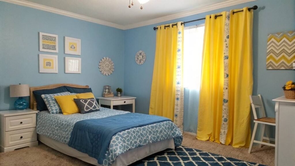 A Bedroom with blue yellow Throw Pillows  