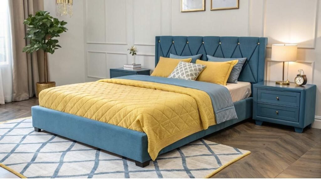 A Blue Bed with Yellow Blanket in a Room 