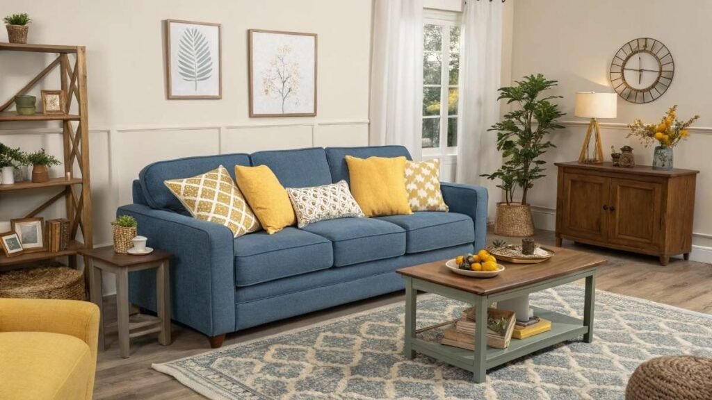 A living room with a Blue Sofa with Yellow Cushions