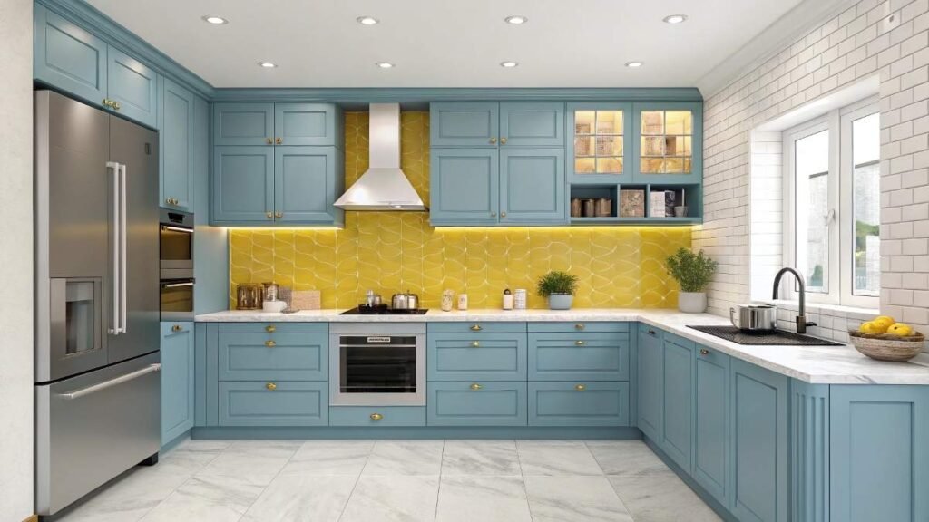 A Blue Kitchen with Yellow Backsplash