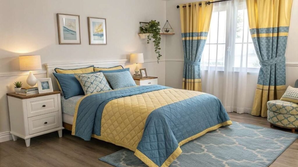 A Blue and Yellow bedroom with Bedding Set