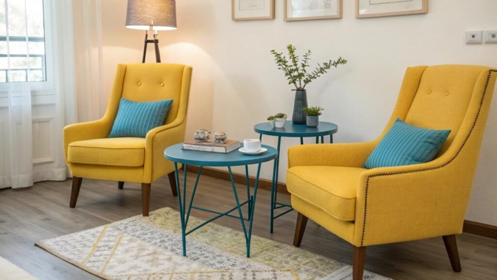A Living room Yellow Chairs with Blue Table