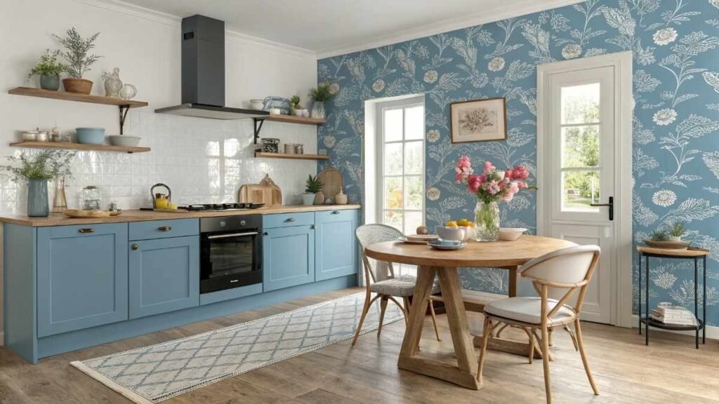 A Kitchen with Vibrant French Country blue color Wallpaper