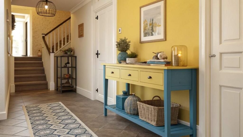 A Hallway with blue and yellow Console Table
