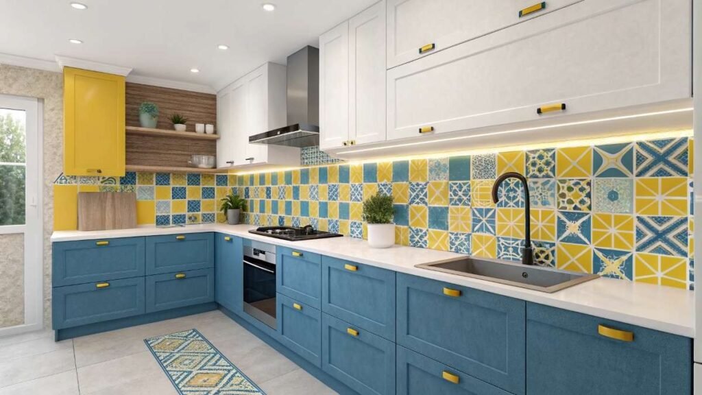 A Kitchen Room with Blue and yellow backsplash Design