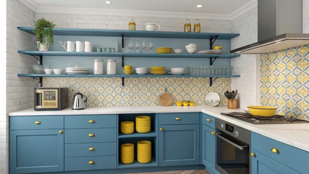A kitchen Shelves with blue and yellow Decor