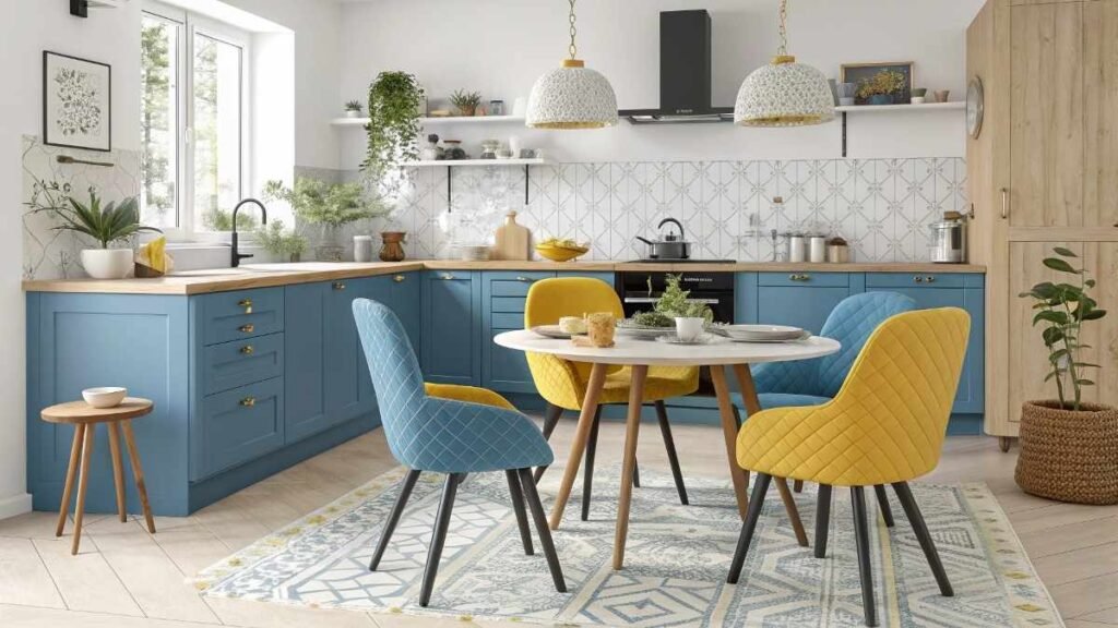A kitchen with Different Dining Chairs and other decor