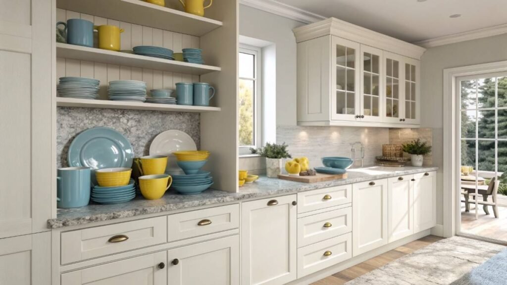 A Kitchen with colorful Dishware Sets
