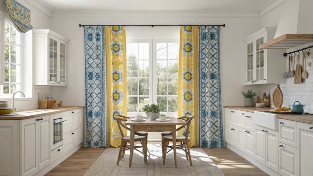 A Kitchen with blue yellow Curtain