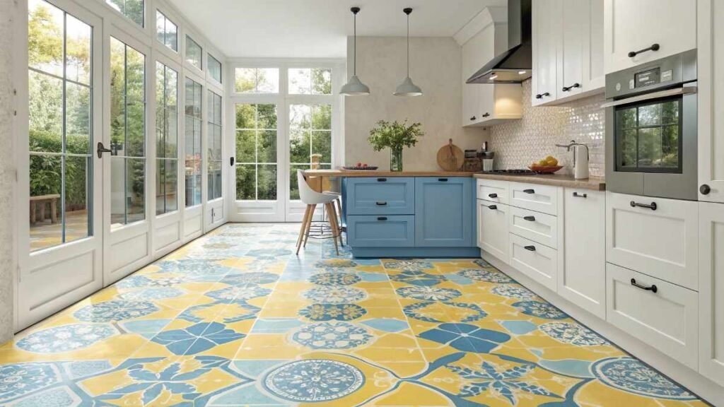A kitchen with Different Colorful floor Tiles in  blue yellow 
