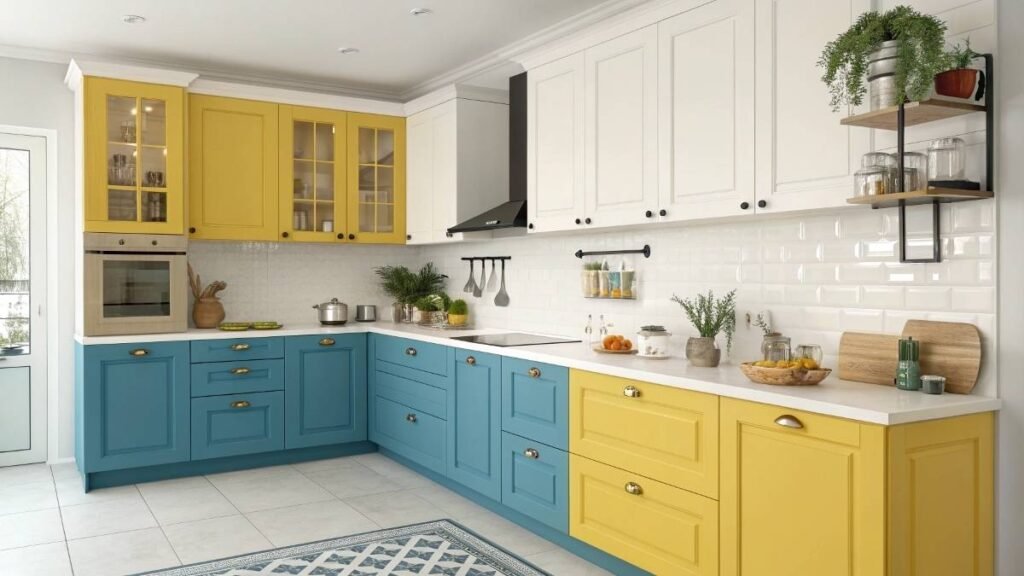 A Kitchen with colorful Cabinets