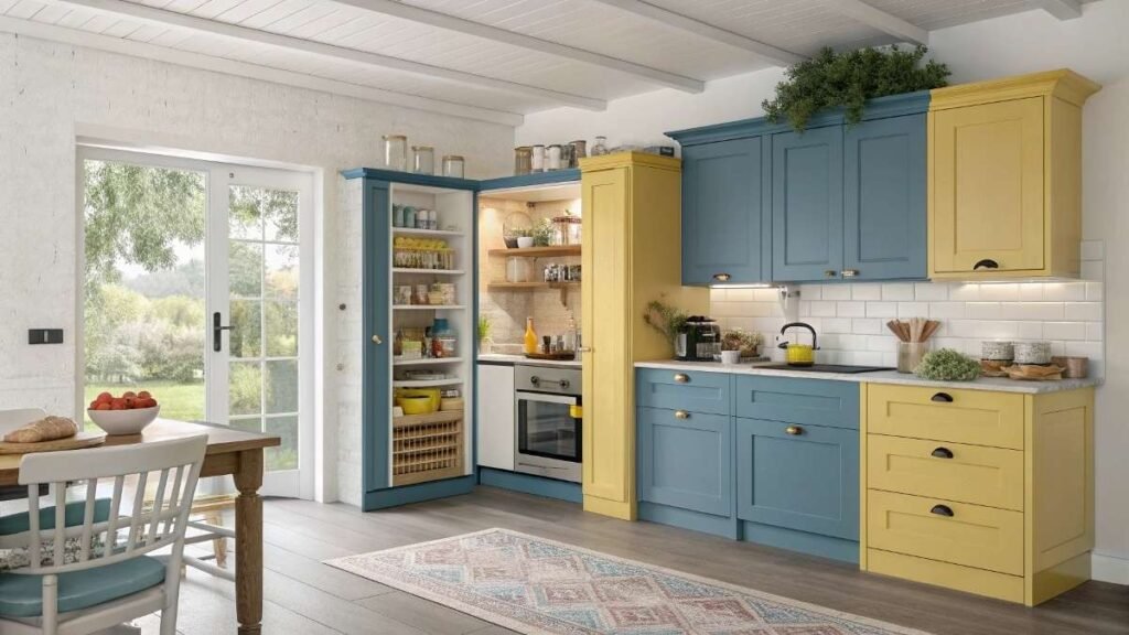 A Stylish blue and yellow kitchen with an open pantry design