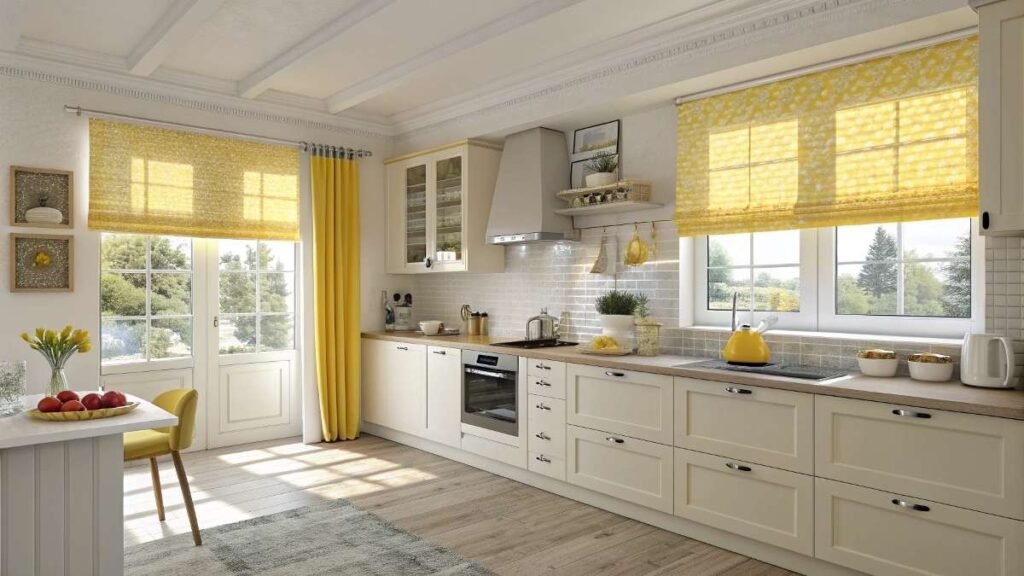 A kitchen room with Yellow Window Accessories