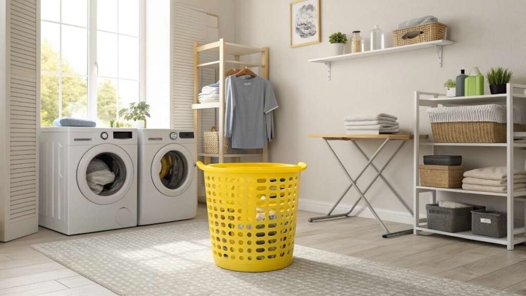 A Laundry room with Yellow basket