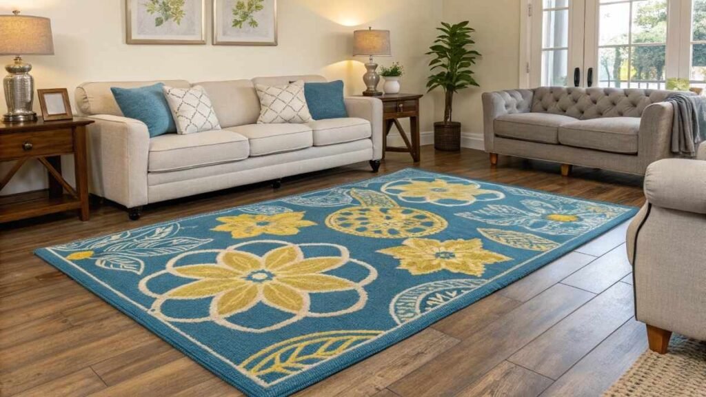A living room Blue and Yellow Decor with Accent Rug