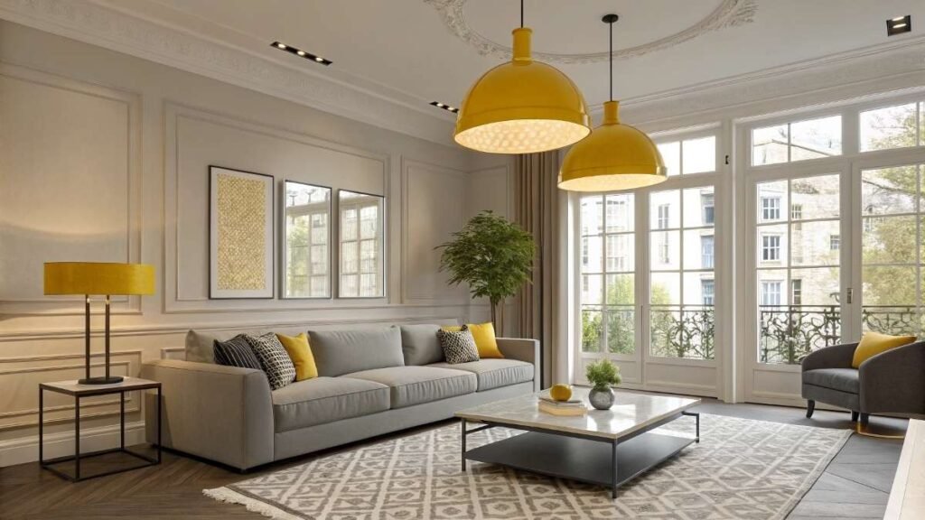A Modern living room with a yellow pendant light fixture