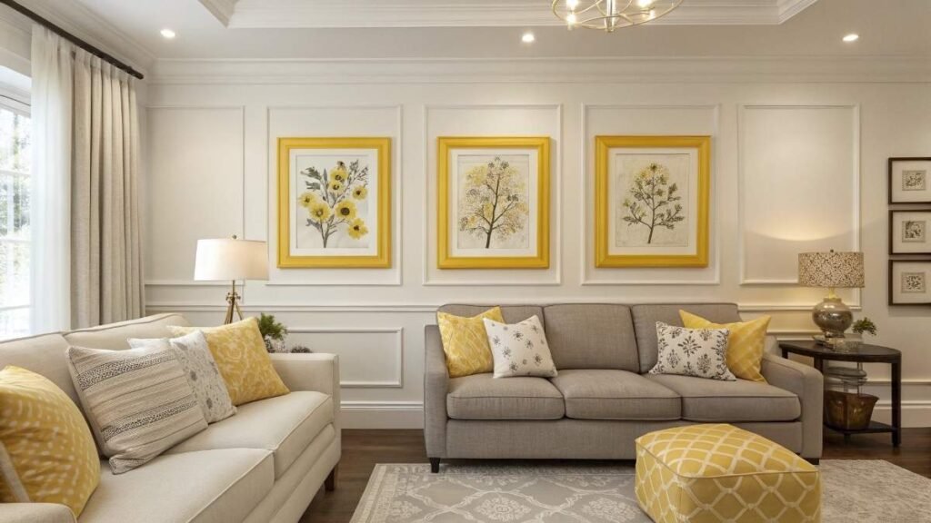 A living room with Blue Accent Wall and Yellow Frames