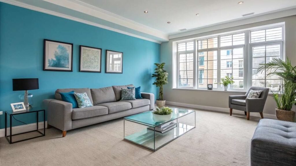 A stylish Living room with blue wall