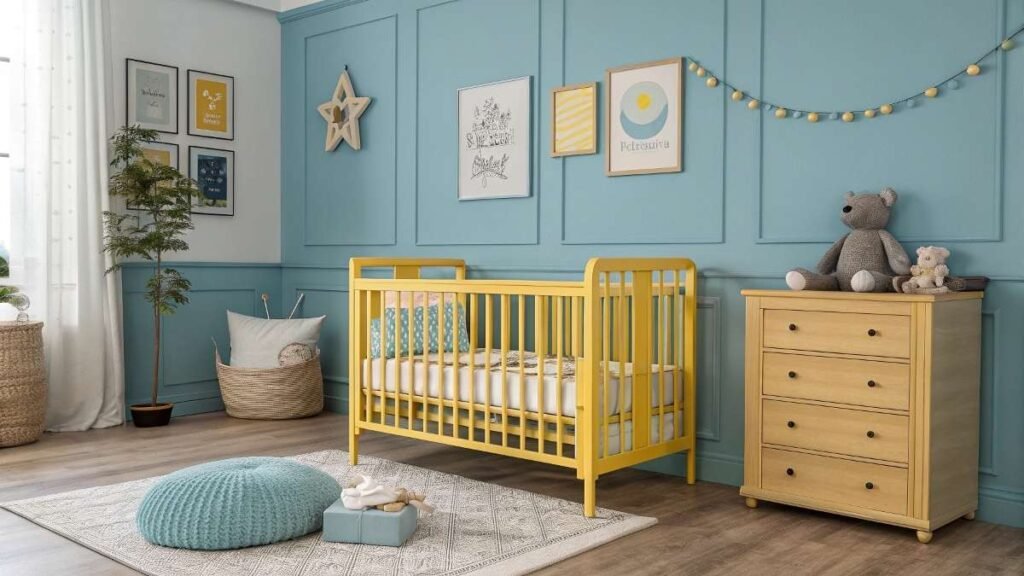 A Nursery Yellow Crib with Blue Walls 