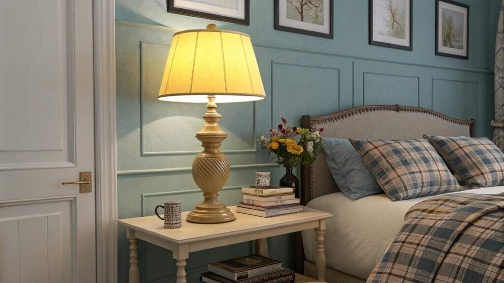 A bedroom with a yellow lampshade on a base.