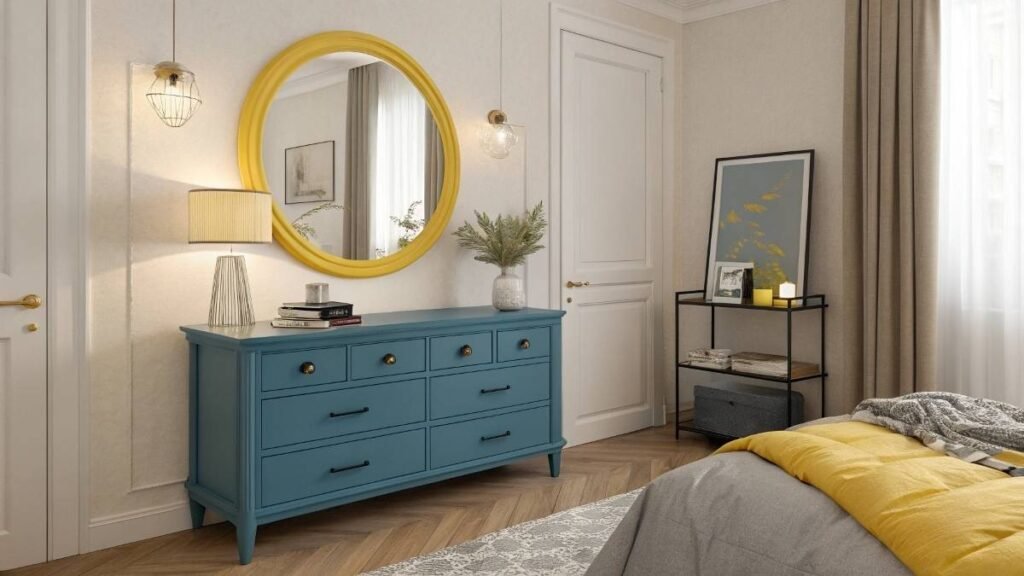 A Yellow Mirror with Blue Console in a bedroom