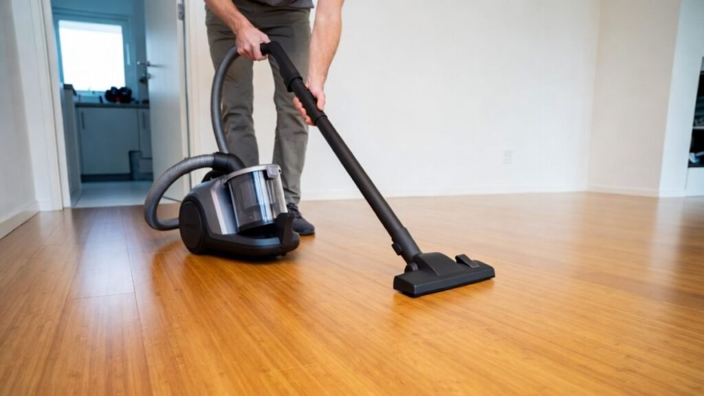 A Person cleaning a bamboo floor with vacuum