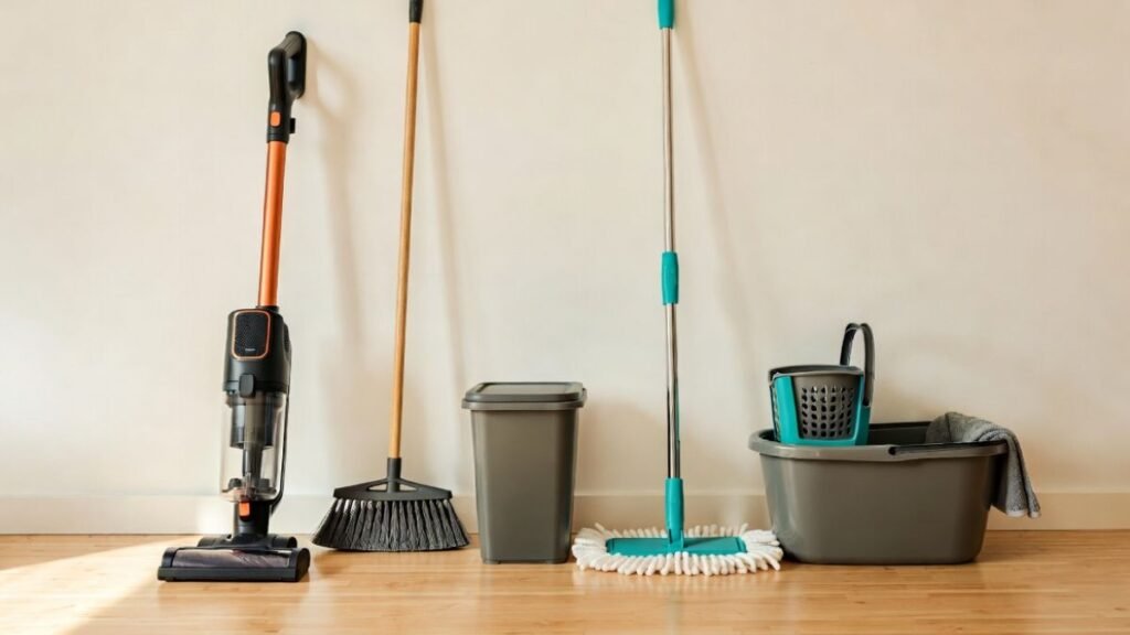 Cleaning tools arranged on a bamboo floor