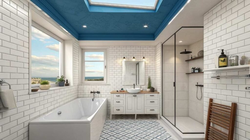 Modern bathroom with blue ceiling design.
