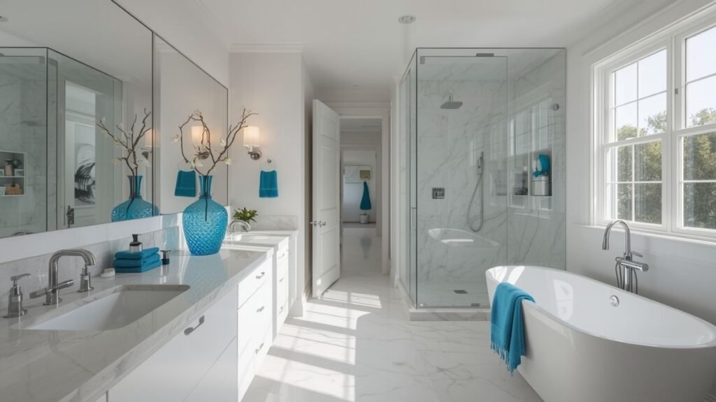 A stylish bathroom with Blue decor accessories