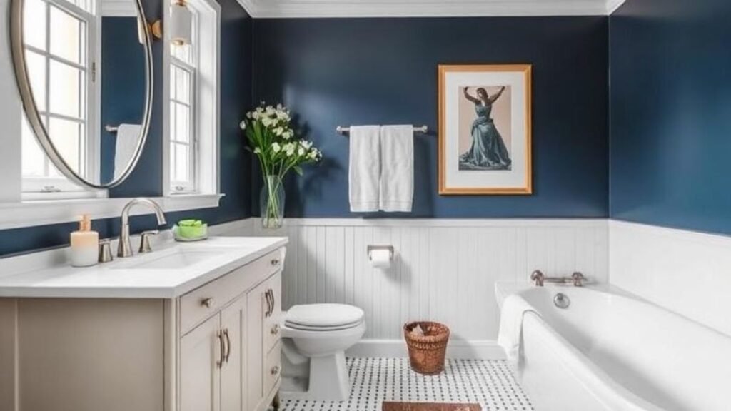 A stylish bathroom with navy blue wall