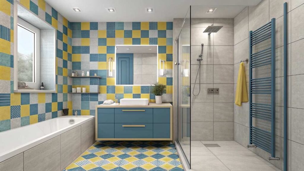 A stylish blue and yellow bathroom with tiles