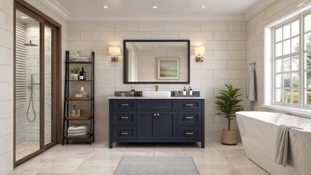 Modern bathroom with navy vanity design.