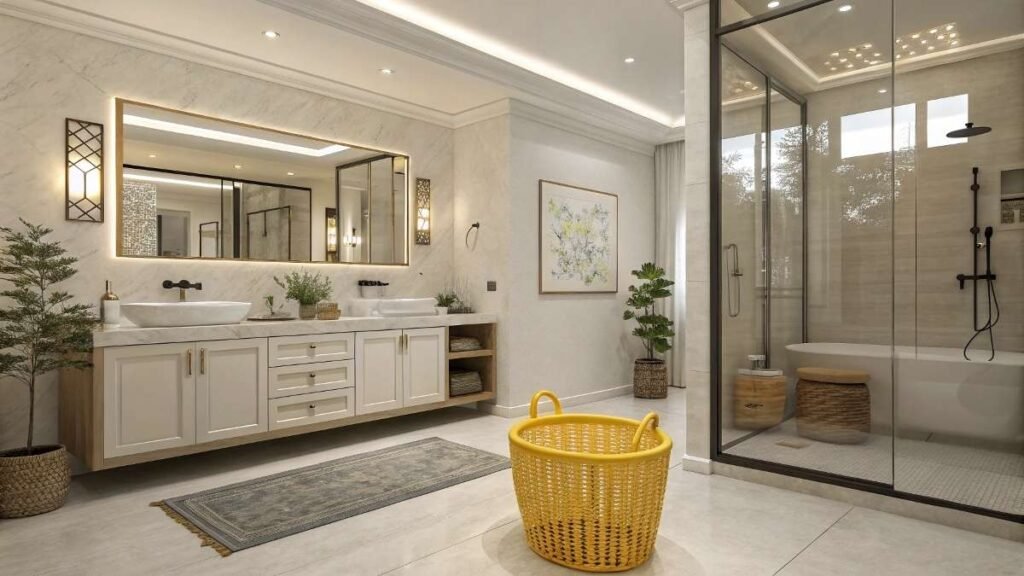 stylish bathroom with elegant storage baskets