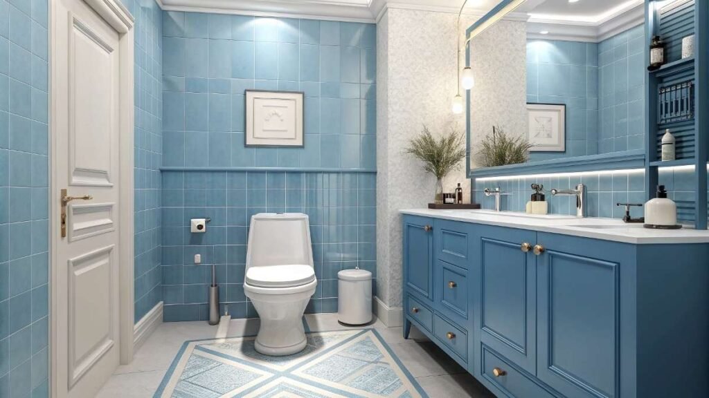 A stylish blue-themed bathroom with a toilet seat