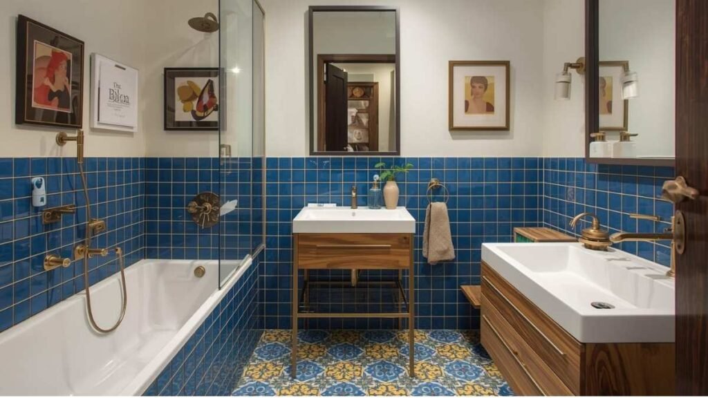 A stylish bathroom with Yellow wall art