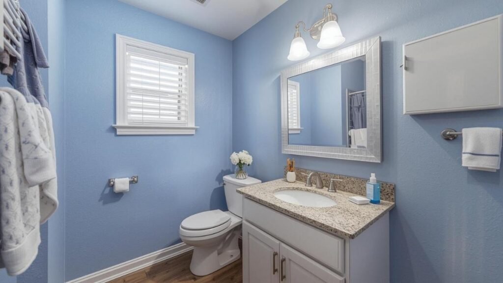 A Stylish Bathroom With Blue Mirror