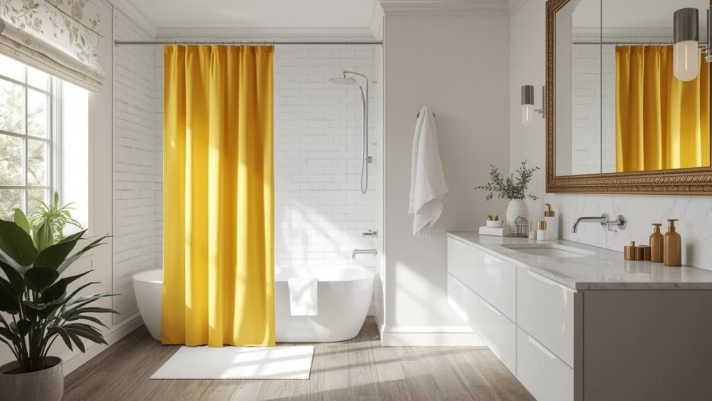 Bright bathroom with yellow shower curtain