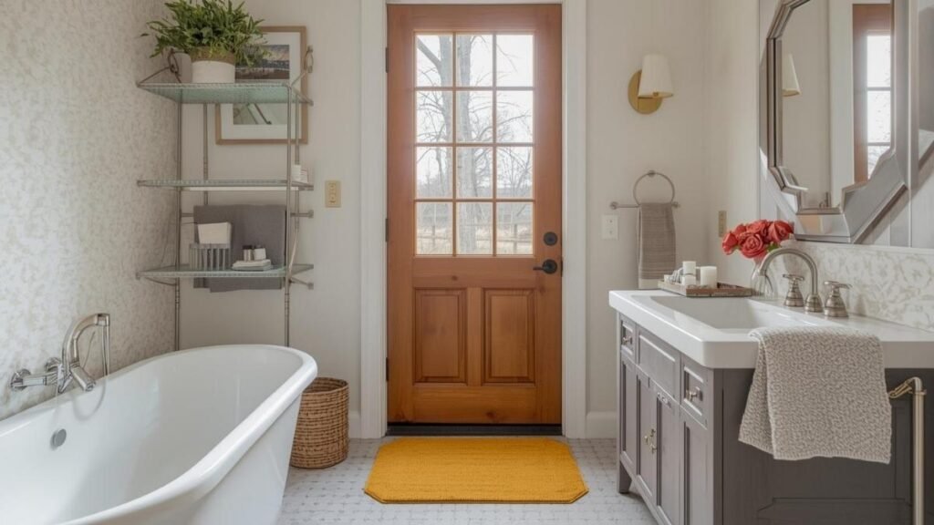 A Stylish bathroom with a Yellow mat