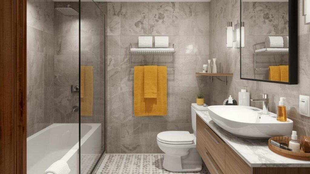 A stylish bathroom with yellow towel