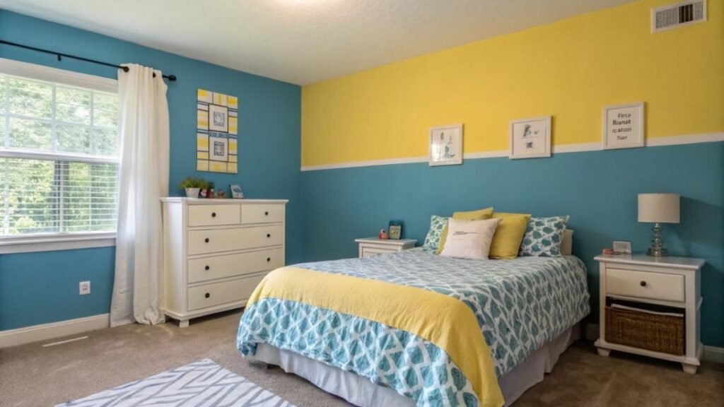 A Bedroom With Blue yellow Painted Two-Tone Walls