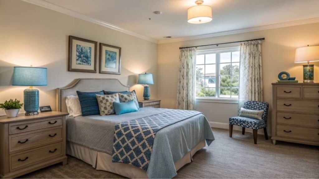 A Cozy bedroom with blue accents and a lamp and light